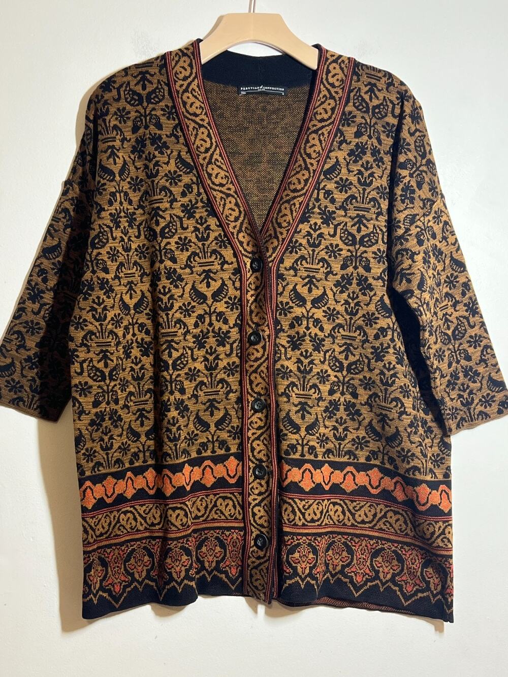 Peruvian Connection EUC Brown/Black Pattern 100% Cotton Tunic Cardigan Sweater M